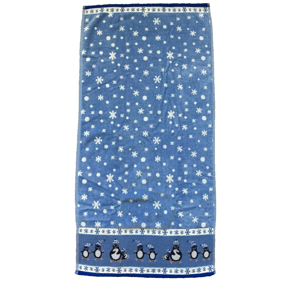 Vintage Welspun 100% Cotton Towel Blue Penguins Winter Snow Flakes Novelty Retro